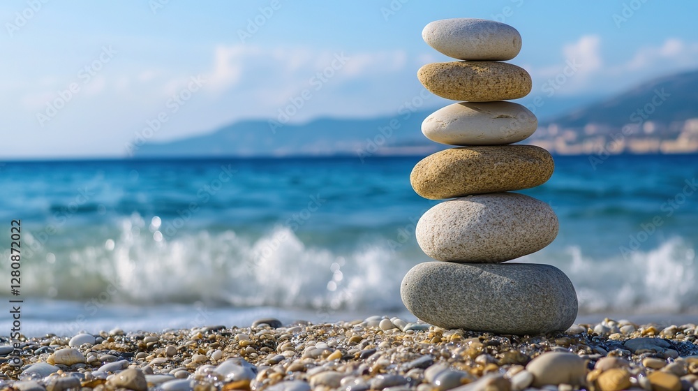 Serene beach scene with a balanced stack of stones symbolizing meditation and mental health wellness, tranquil and harmonious atmosphere. Serene beach scene with a balanced stack of stones symbolizing meditation and mental health wellness, tranquil and harmonious atmosphere.