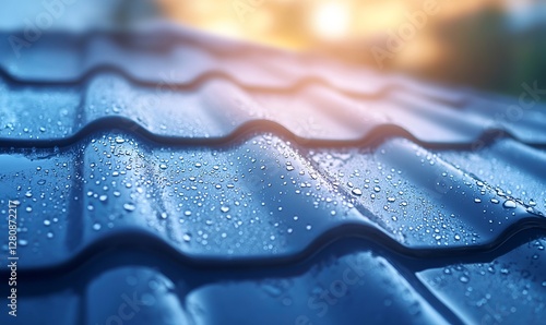 Close up of modern metal roof tile with condensation droplets, showcasing durability and design for construction during morning time photo