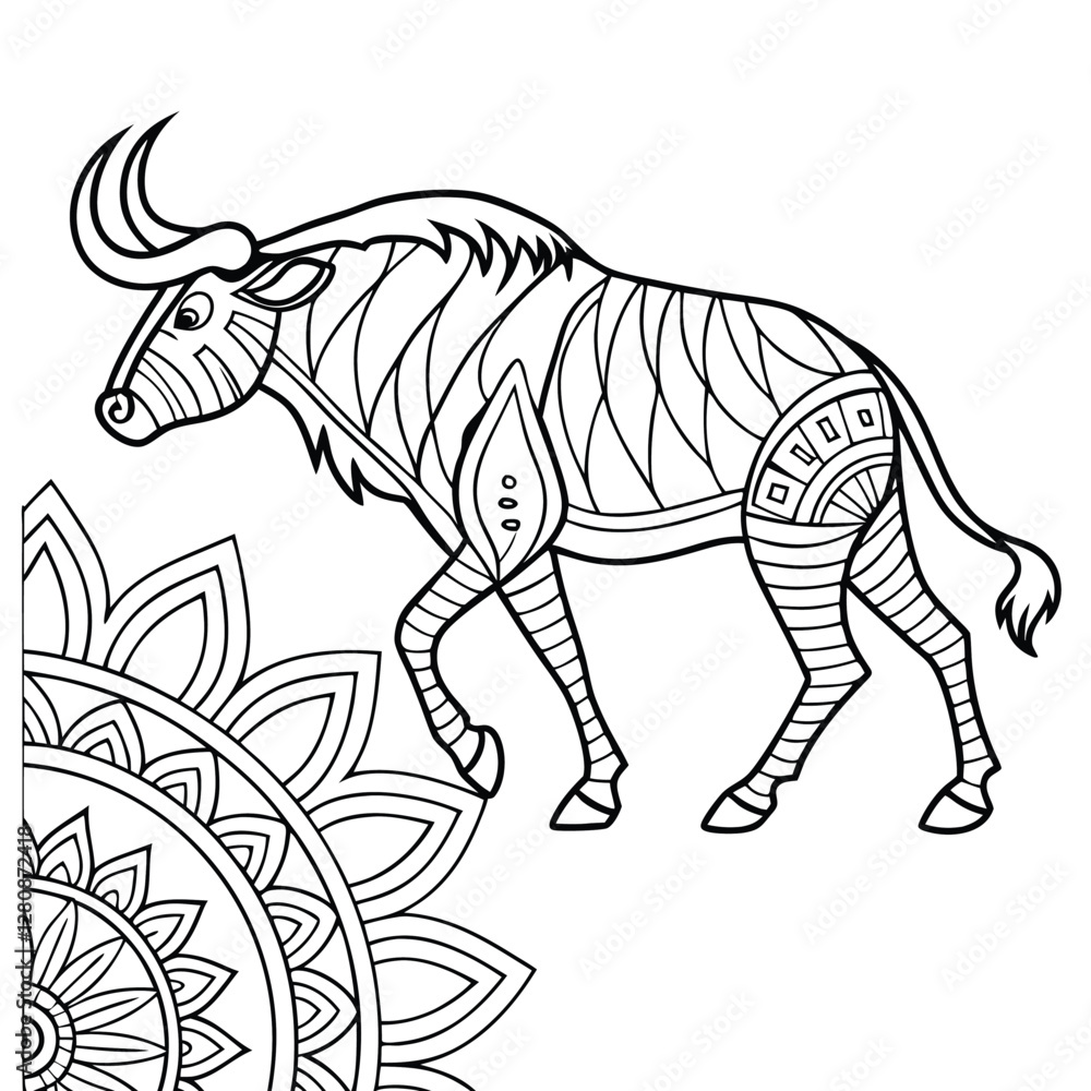 Fototapeta premium Wildebeest Coloring Page: Detailed Line Art of African Animal with Mandala Design for Creative Coloring Fun and Relaxation