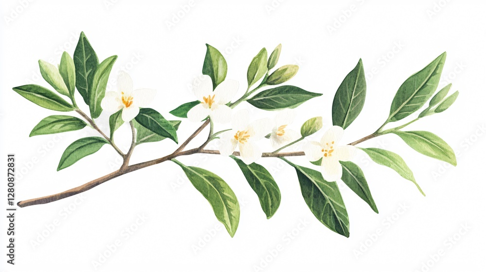 Naklejka premium Delicate Watercolor White Flower Sprig Painting