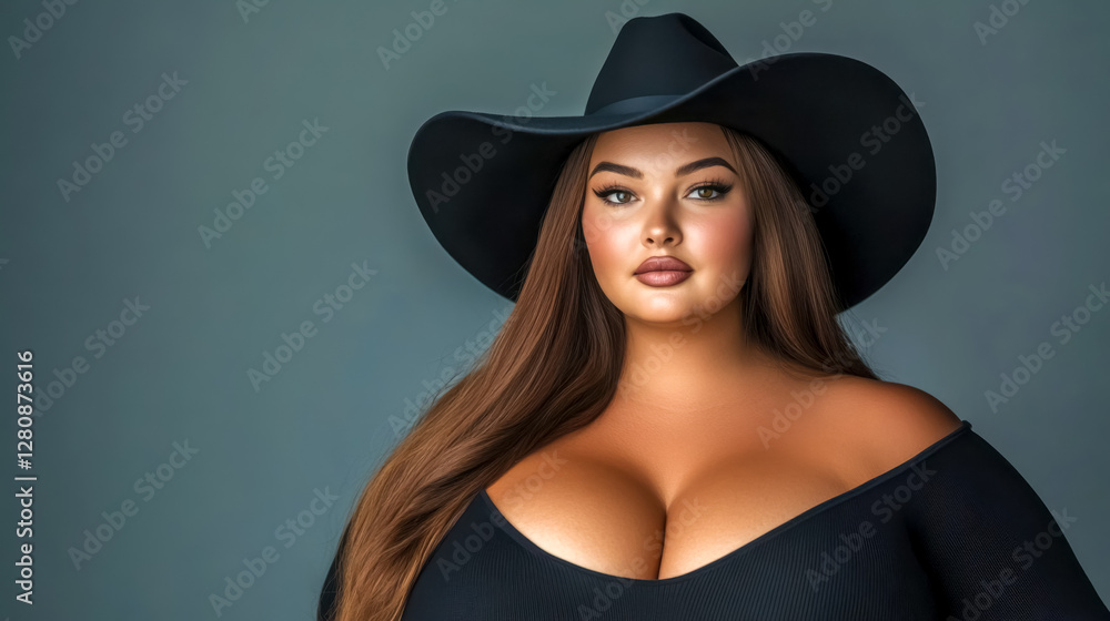 Plus size model wearing wide brimmed hat and black dress posing in studio Plus size model wearing wide brimmed hat and black dress posing in studio