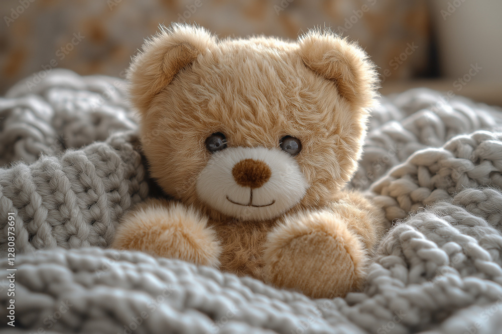 Close-up of a tiny plush teddy bear resting on a cozy knitted blanket, showcasing detailed fur and stitching in soft natural light. Close-up of a tiny plush teddy bear resting on a cozy knitted blanket, showcasing detailed fur and stitching in soft natural light.