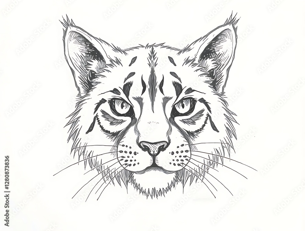 Obraz premium Intricate Line Drawing of a Wildcat's Face with Detailed Features