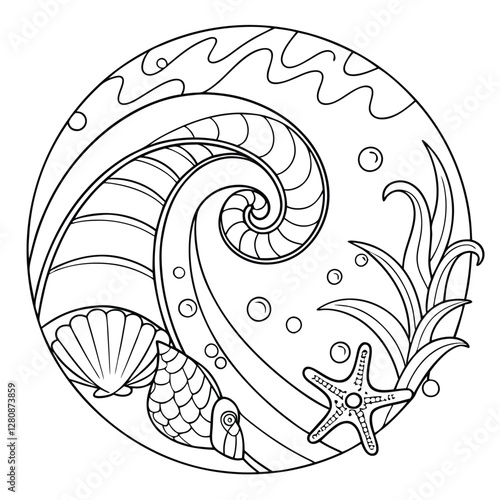 Ocean Mandala Coloring Page: Seashells, Starfish, Waves, and Seaweed - Printable Nautical Art for Relaxation and Creative Fun