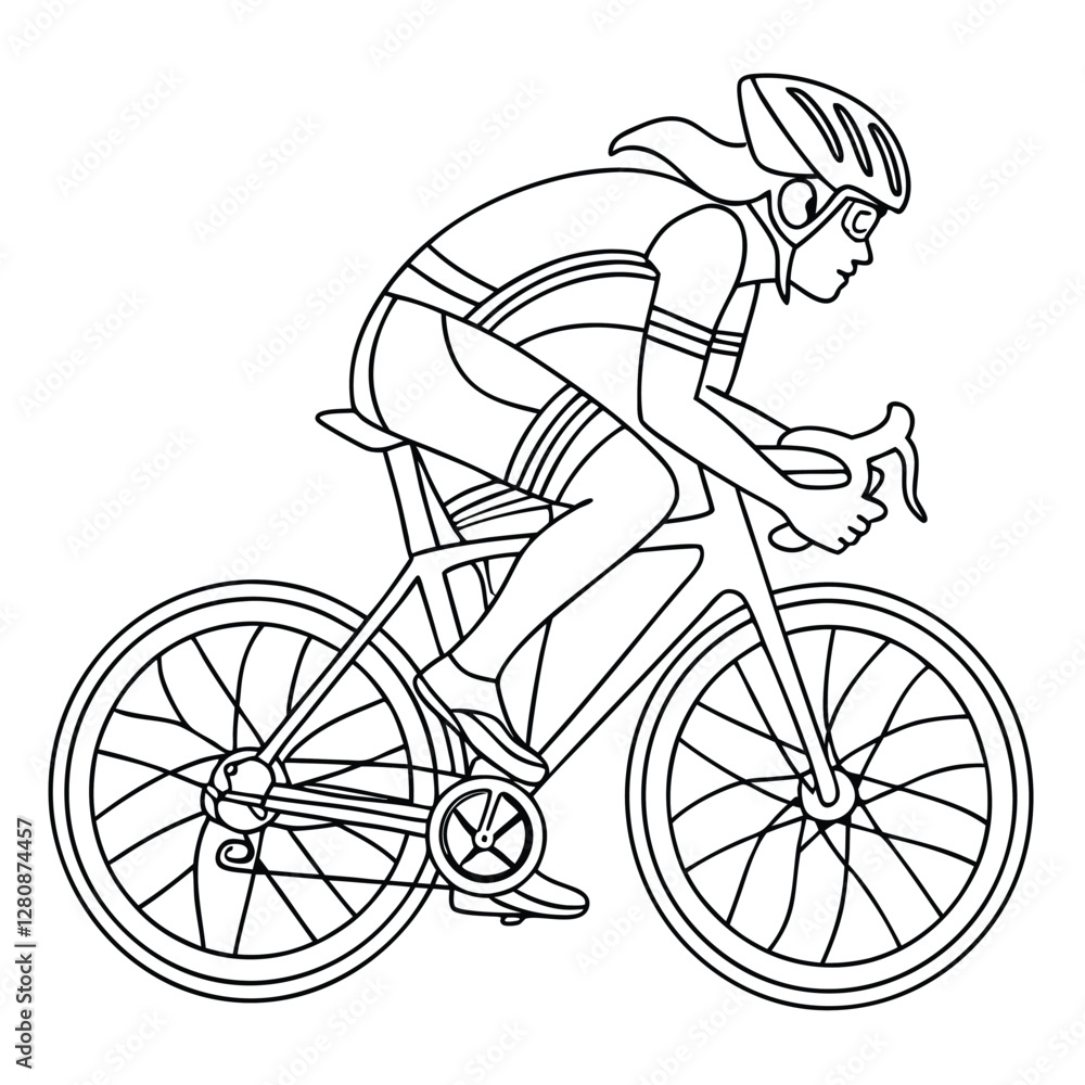 Obraz premium Line Art Cyclist: Black and White Illustration of a Female Biker Riding a Bicycle, Wearing Helmet, Sports and Recreation Theme, Coloring Page