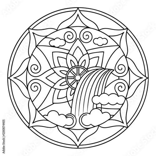 Mandala Coloring Page: Waterfall, Clouds, Lotus Flower, and Dharma Wheel - Intricate Line Art for Relaxation and Mindfulness Coloring