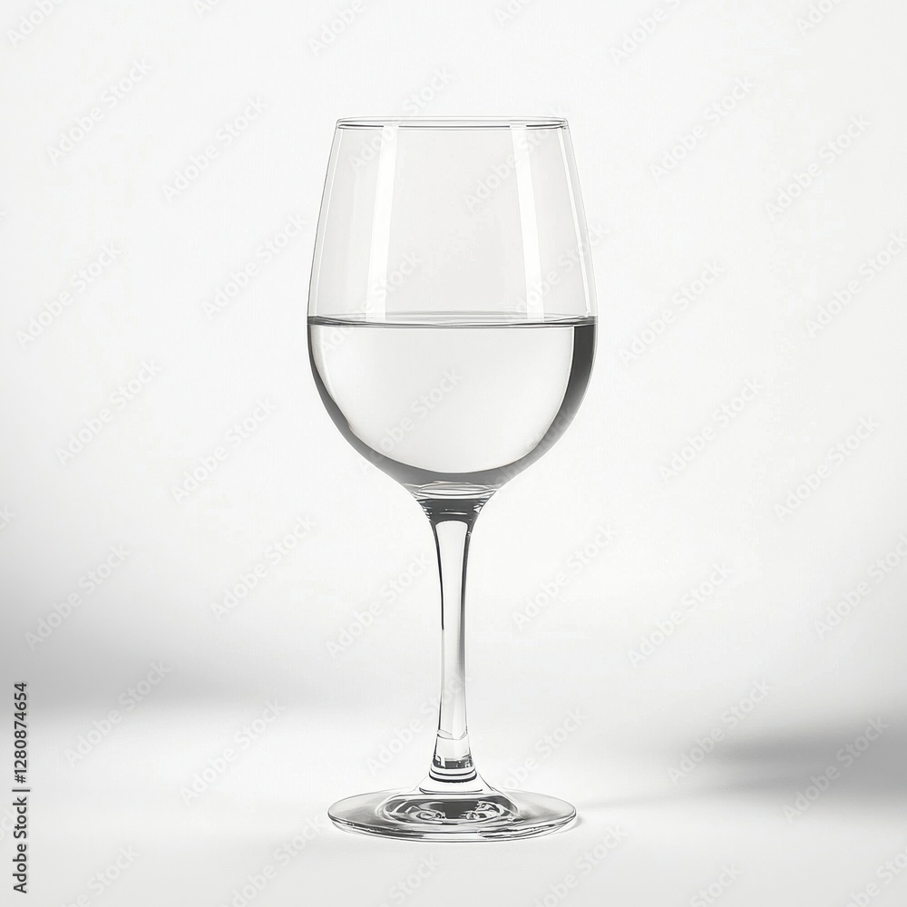 Elegant Clear Wine Glass Filled with Water on White Background in Minimalist Style Elegant Clear Wine Glass Filled with Water on White Background in Minimalist Style