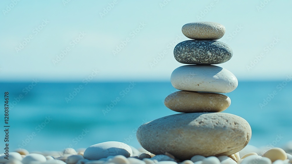 Serene beach scene with a balanced stack of stones symbolizing meditation and mental health wellness, tranquil and harmonious atmosphere. Serene beach scene with a balanced stack of stones symbolizing meditation and mental health wellness, tranquil and harmonious atmosphere.