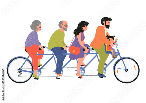 Family riding tandem bicycle together. Mother, father, grandmother, grandfather and child. Happy family concept.