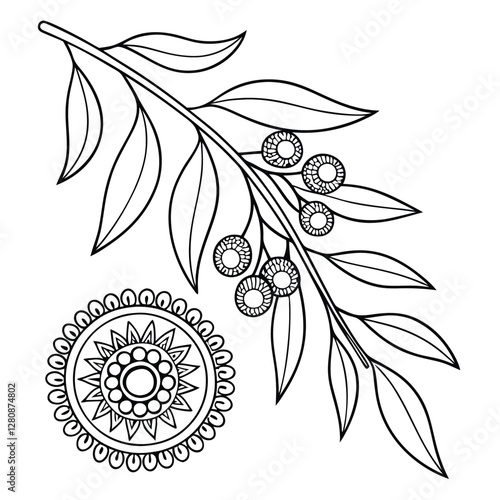 Eucalyptus Branch Line Art with Gum Nuts & Mandala Flower Design: Botanical Illustration Coloring Page, Detailed Floral Drawing, Nature Art