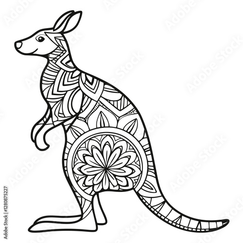 Kangaroo Mandala Coloring Page: Detailed Zentangle Style Illustration for Relaxation and Creative Coloring Fun, Australian Animal Art Therapy