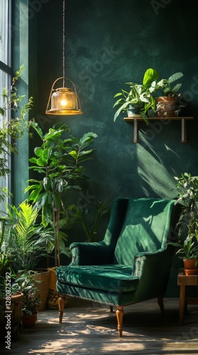 Dark Green Interior with Retro Armchair, Hanging Light Fixture, and Abundant Indoor Plants - Relaxation Space in Vintage Setting