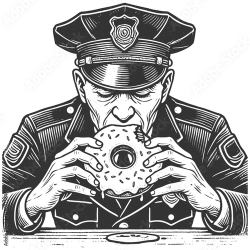 policeman biting into a donut, combining humor and nostalgia in a detailed vintage illustration style sketch engraving generative ai vector illustration. Scratch board imitation. Black and white image