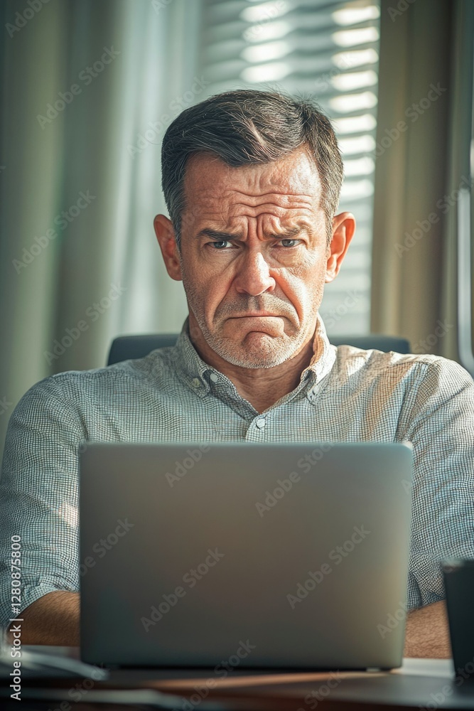 Man with furrowed brow and thoughtful expression, looking down at laptop. Man with furrowed brow and thoughtful expression, looking down at laptop.