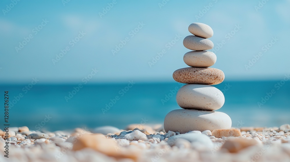 Fototapeta premium Serene beach scene with a balanced stack of stones symbolizing meditation and mental health wellness, tranquil and harmonious atmosphere.