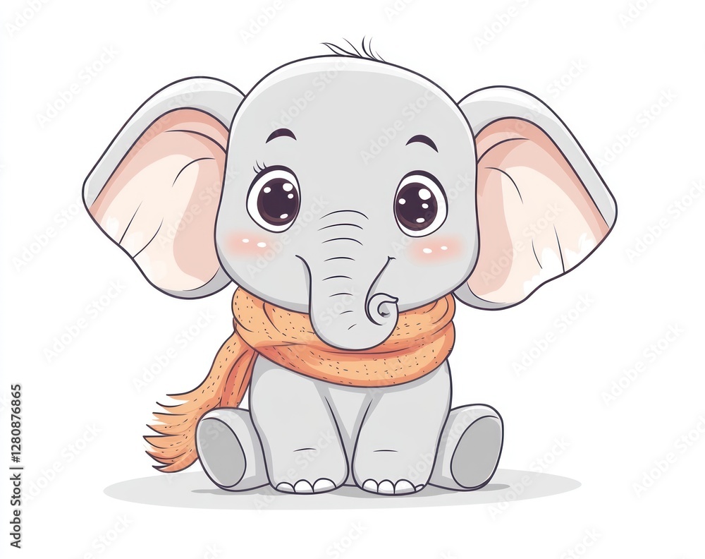 Fototapeta premium Cute baby elephant wearing scarf, sitting, white background, children's illustration
