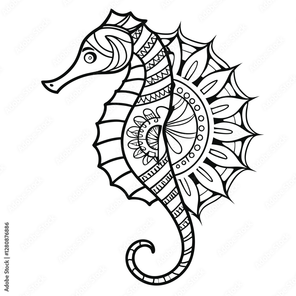 Fototapeta premium Detailed Zentangle Seahorse Illustration, Black and White Art