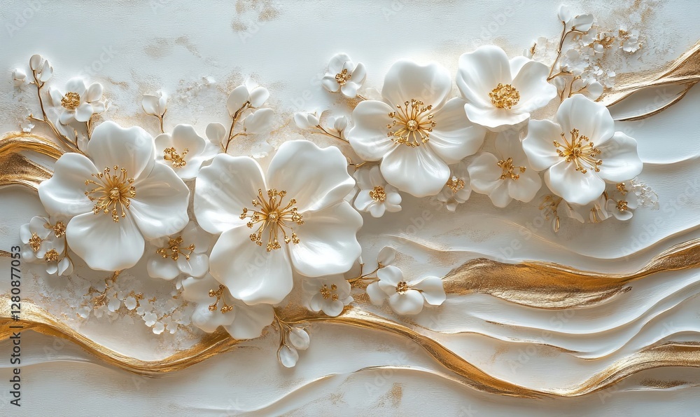 Elegant 3D Flower Decoration with Silk Background Print for Wall Art and Home Decor featuring Stunning White and Gold Blossoms Elegant 3D Flower Decoration with Silk Background Print for Wall Art and Home Decor featuring Stunning White and Gold Blossoms