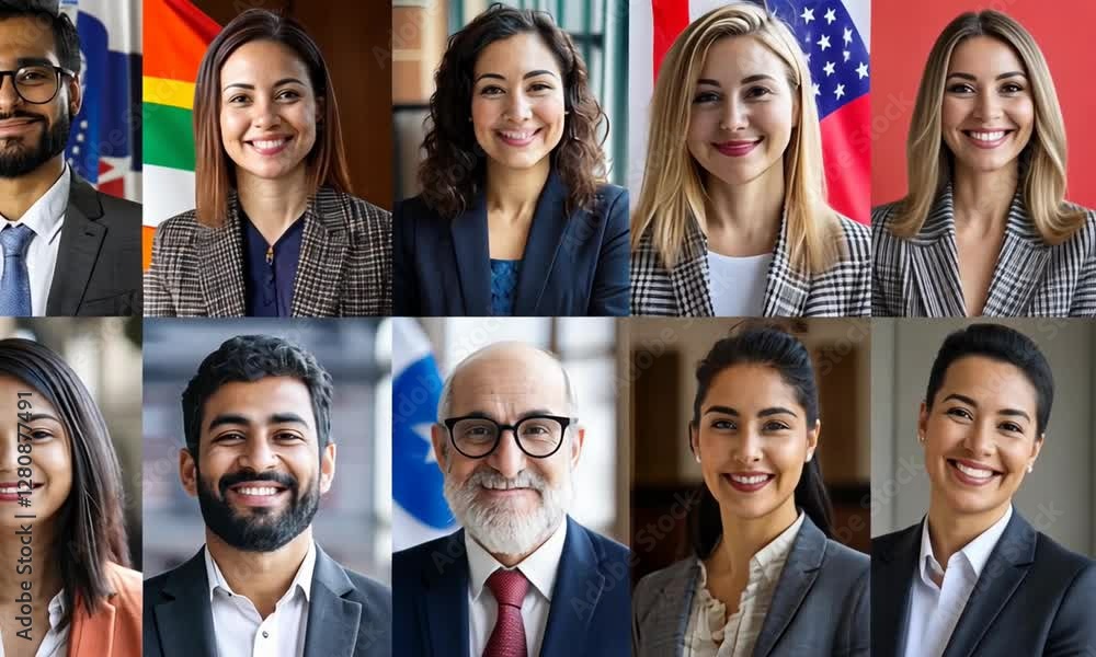 Diverse group of professionals smiling in a corporate setting with flags in the background Diverse group of professionals smiling in a corporate setting with flags in the background