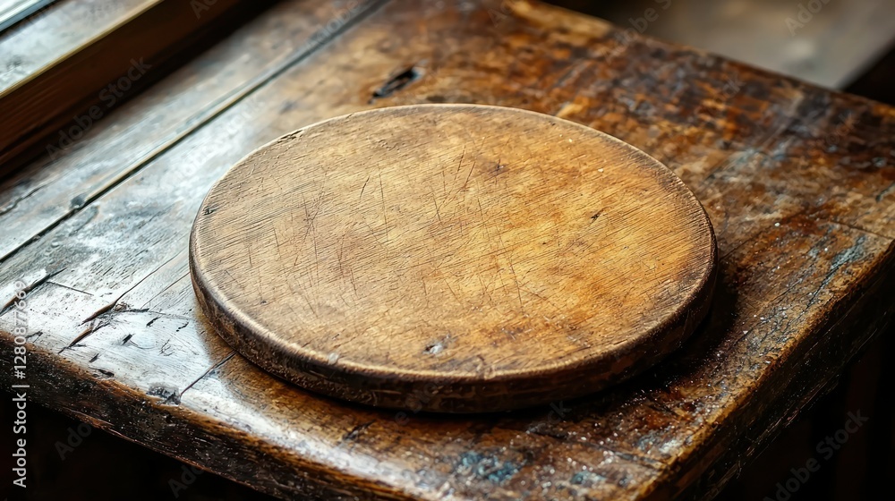 Fototapeta premium Rustic wooden cutting board on table, kitchen setting