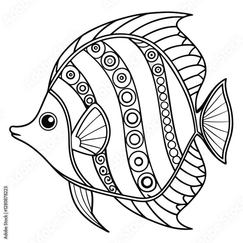 Detailed Fish Coloring Page: Intricate Zentangle Style Tropical Fish Illustration for Relaxation and Creative Fun