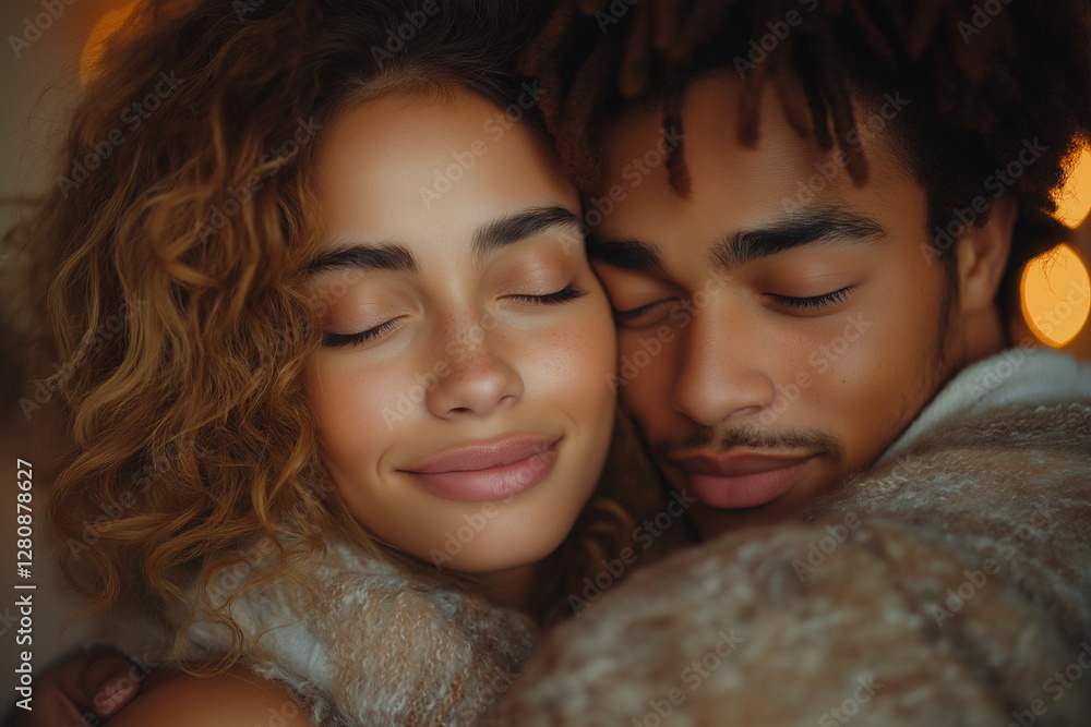 Obraz premium Loving couple holding each other closely in a cozy indoor setting, expressing warmth and emotional connection.