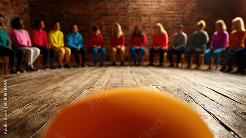 Group of Diverse Women in Vibrant Colors Engaging in a Supportive Discussion in a Cozy Room