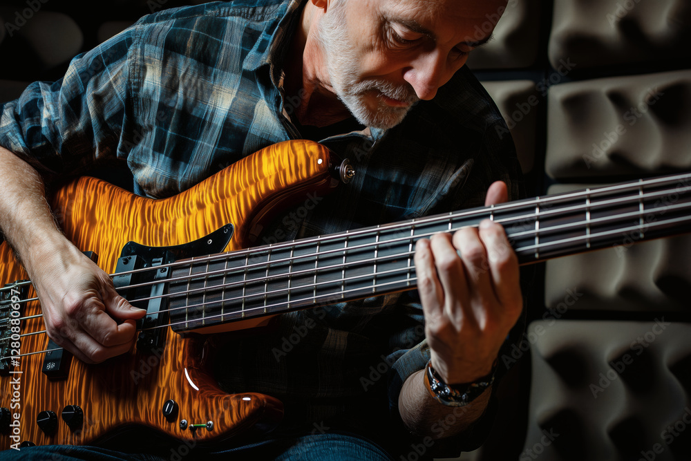 Obraz premium Musician playing a bass guitar with intense focus.