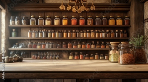 Wallpaper Mural Rustic kitchen shelf displaying jars of spices and herbs in natural lighting Torontodigital.ca