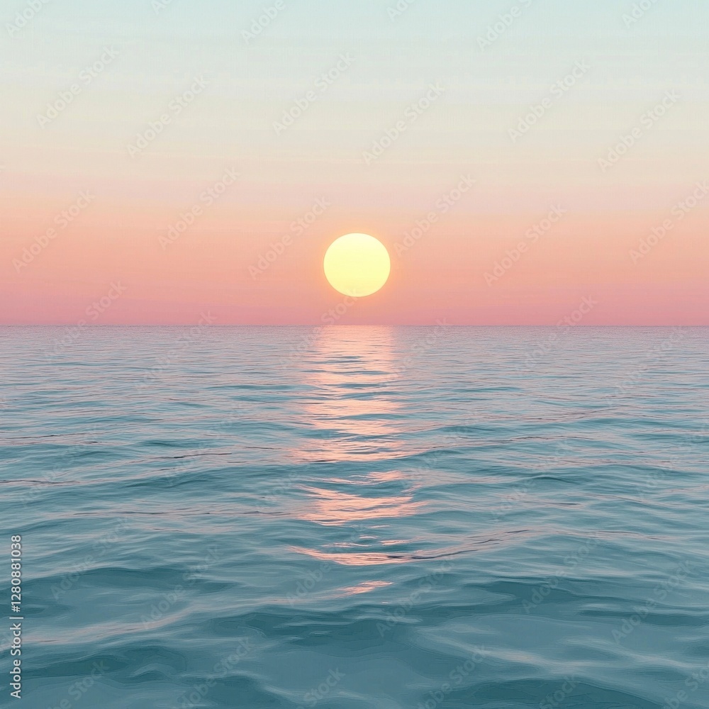 Golden Sunset Over the Ocean with Blue Waters and Clear Sky Creates a Peaceful Scene Golden Sunset Over the Ocean with Blue Waters and Clear Sky Creates a Peaceful Scene