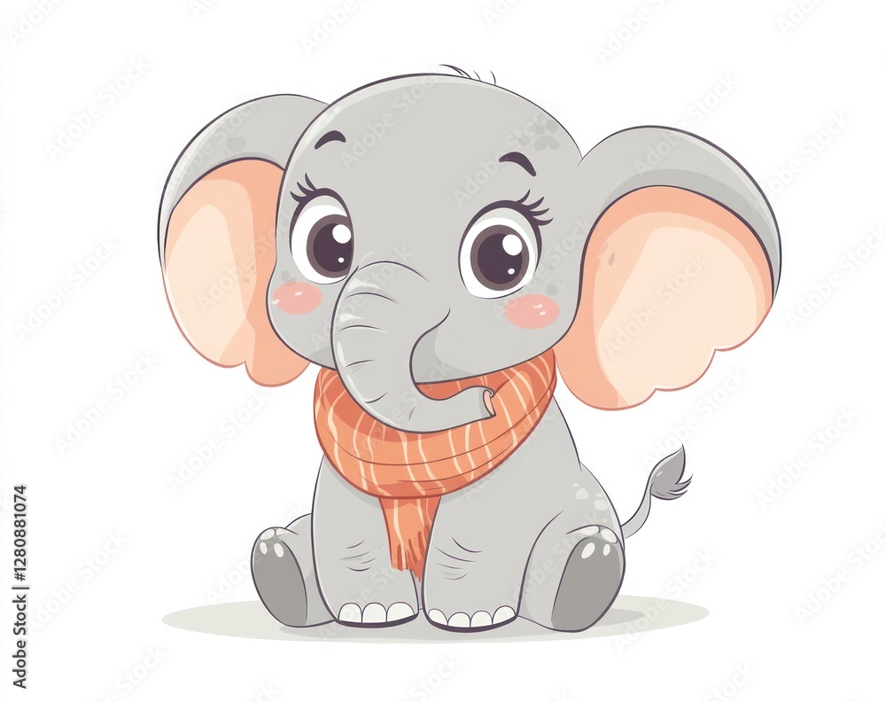 Fototapeta premium Cute baby elephant wearing scarf, sitting, white background, children's book illustration