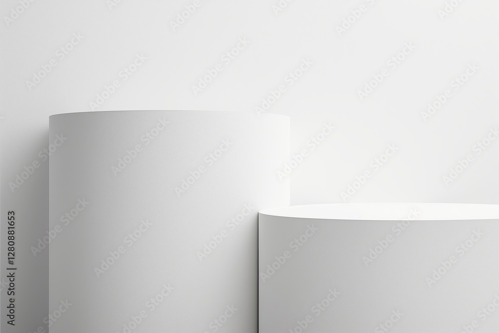 three white cylindrical podiums on a white background. Minimalist design for product display or presentation. three white cylindrical podiums on a white background. Minimalist design for product display or presentation.