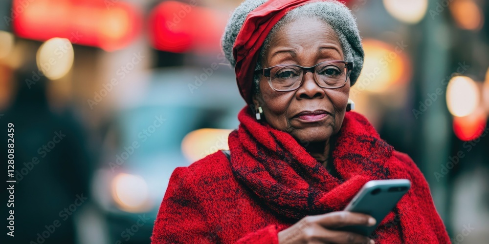 An elderly woman texting on a phone while wearing a red scarf. An elderly woman texting on a phone while wearing a red scarf.