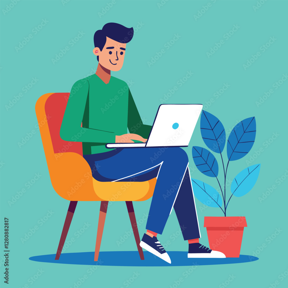 a boy is using his laptop vector a boy is using his laptop vector