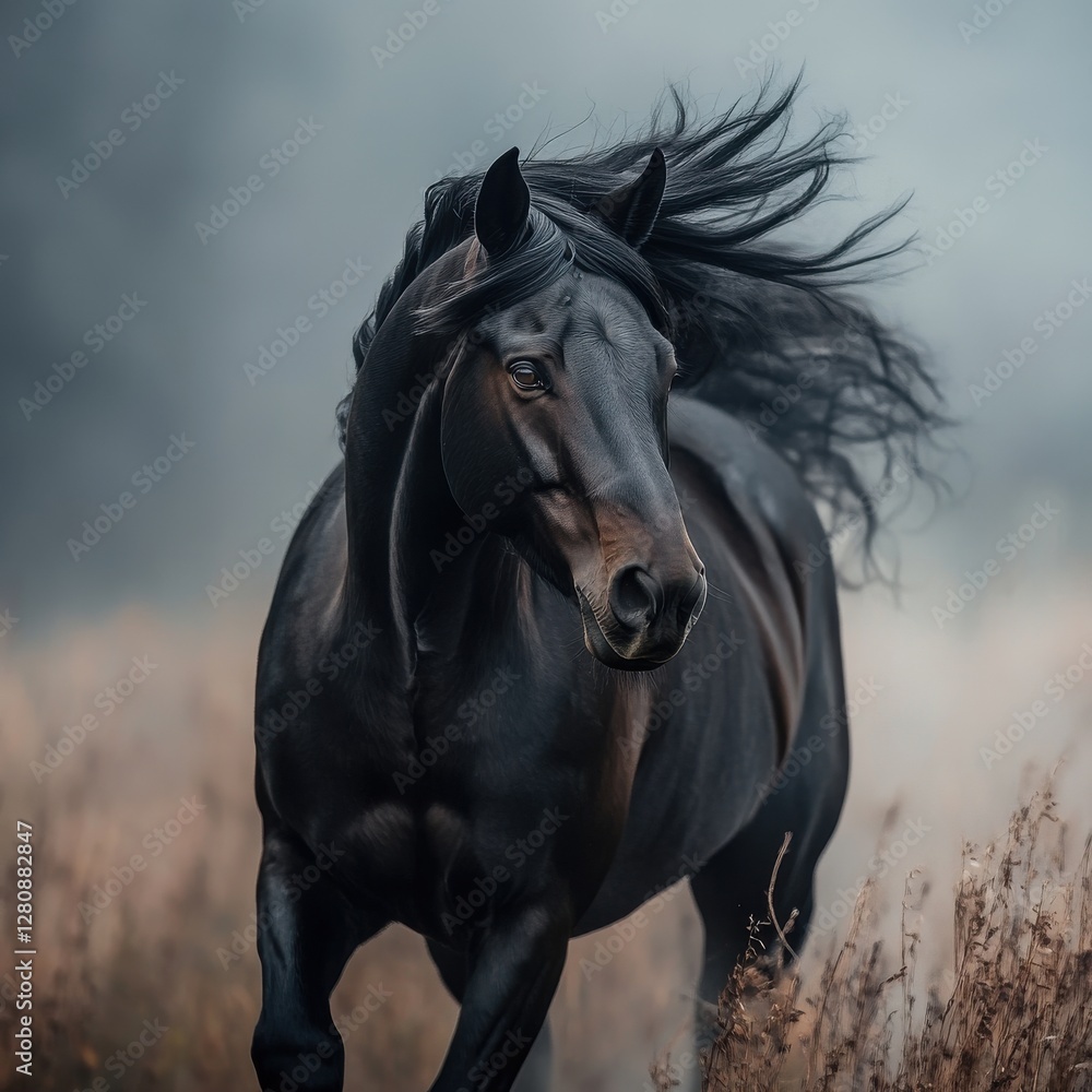 Fototapeta premium Elegant Black Horse Running Through Misty Meadow at Sunrise