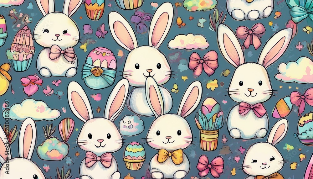 Obraz premium Hand-drawn doodle-style pattern featuring playful Easter elements like smiling bunnies, bows, colorful eggs, and whimsical designs, creating a fun and lighthearted festive atmosphere.