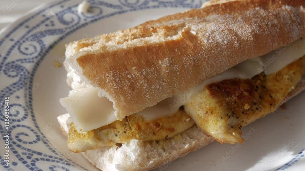 Delicious chicken bocadillo sandwich on a plate, homemade comfort food vibe Delicious chicken bocadillo sandwich on a plate, homemade comfort food vibe