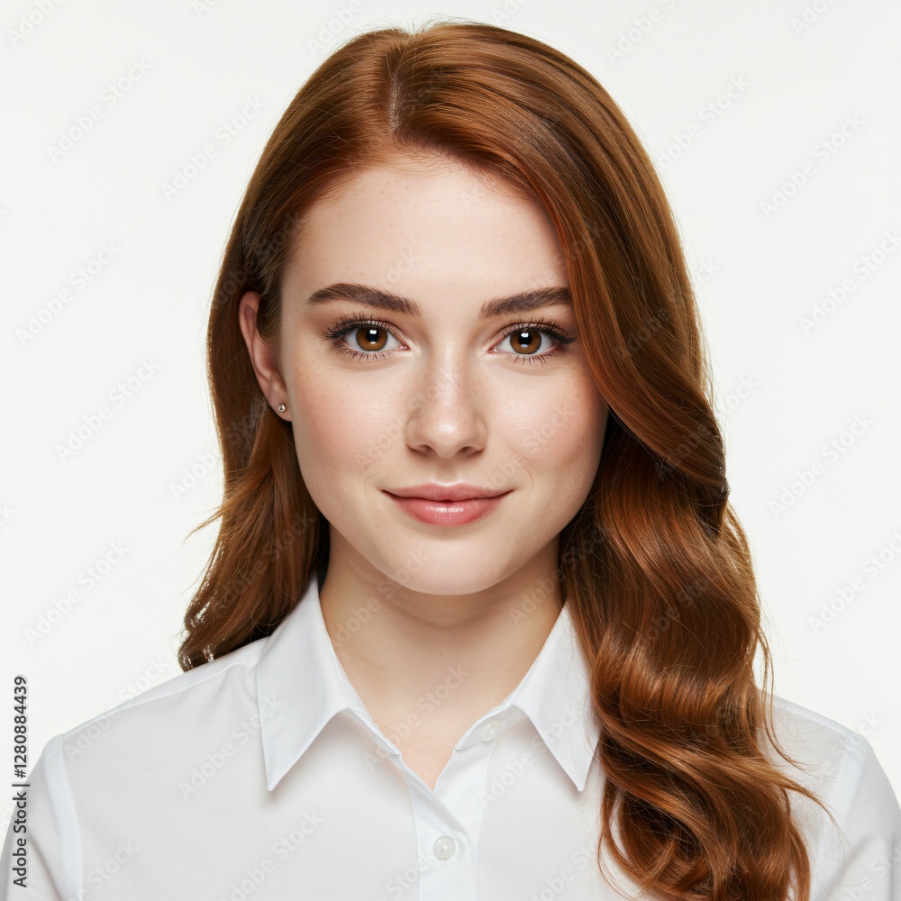 Young woman with red hair smiling in white shirt. Young woman with red hair smiling in white shirt.