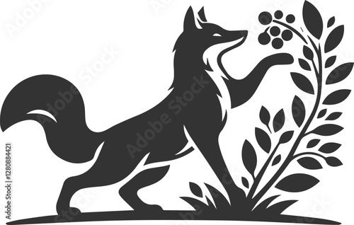 A fox standing on its hind legs, reaching for a berry bush vector animal silhouette