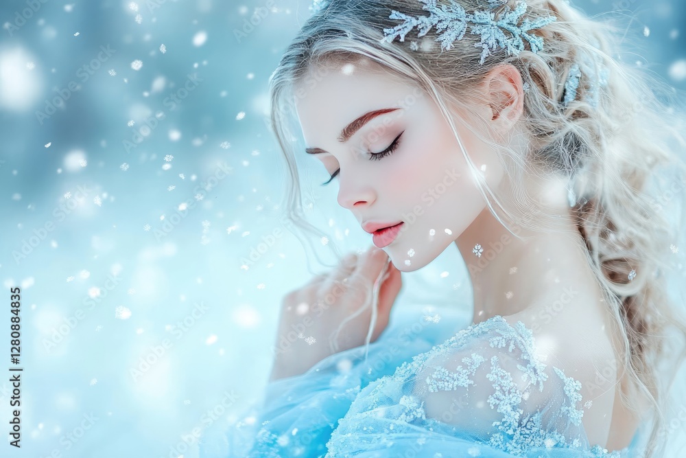 A winter goddess in an icy blue gown, with snowflakes shimmering around her A winter goddess in an icy blue gown, with snowflakes shimmering around her