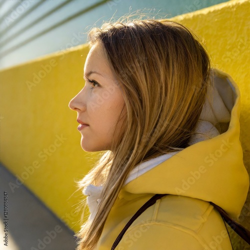 Eine blonde junge Frau in gelber Jacke vor einer gelben Wand schaut nachdenklich in die Ferne.