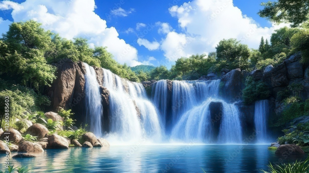 Lush Waterfall Cascading into a Clear Turquoise Pool Surrounded by Green Vegetation Lush Waterfall Cascading into a Clear Turquoise Pool Surrounded by Green Vegetation