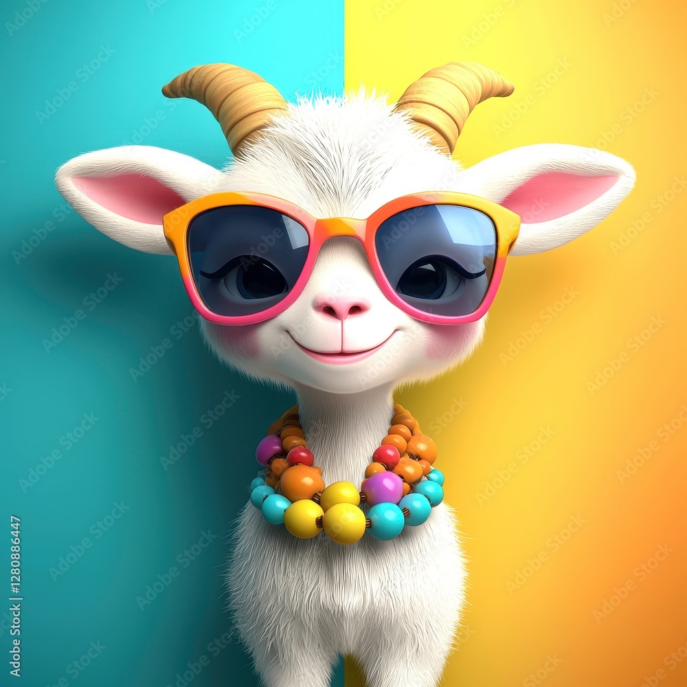 Fototapeta premium A cute cartoon goat wearing sunglasses and a colorful necklace, set against a vibrant two-tone background, Y2K style.