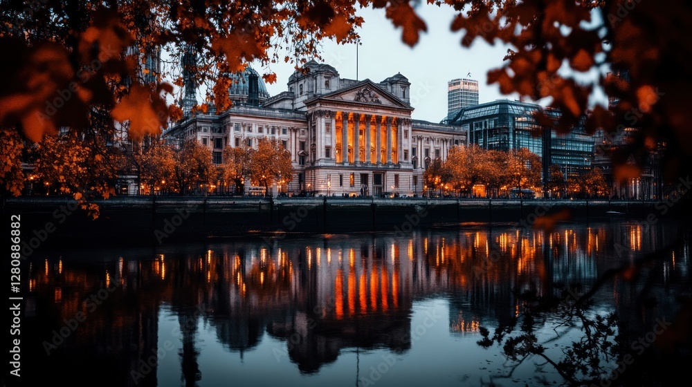 Fototapeta premium Elegant Building Reflection in a Serene River at Dusk