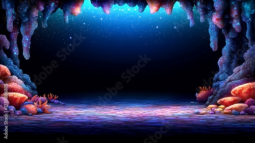 Vibrant underwater cave with colorful coral formations and sparkling light effects photo