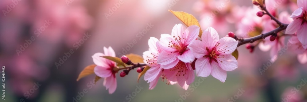 Fototapeta premium A branch of cherry blossom flowers on a tree with leaves, trees, leaves, foliage