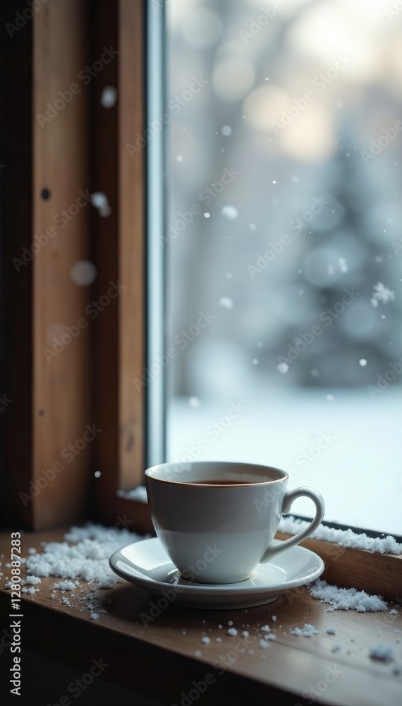 Fototapeta premium A cup of hot tea on a windowsill with winter snow falling outside, peaceful, windowsill