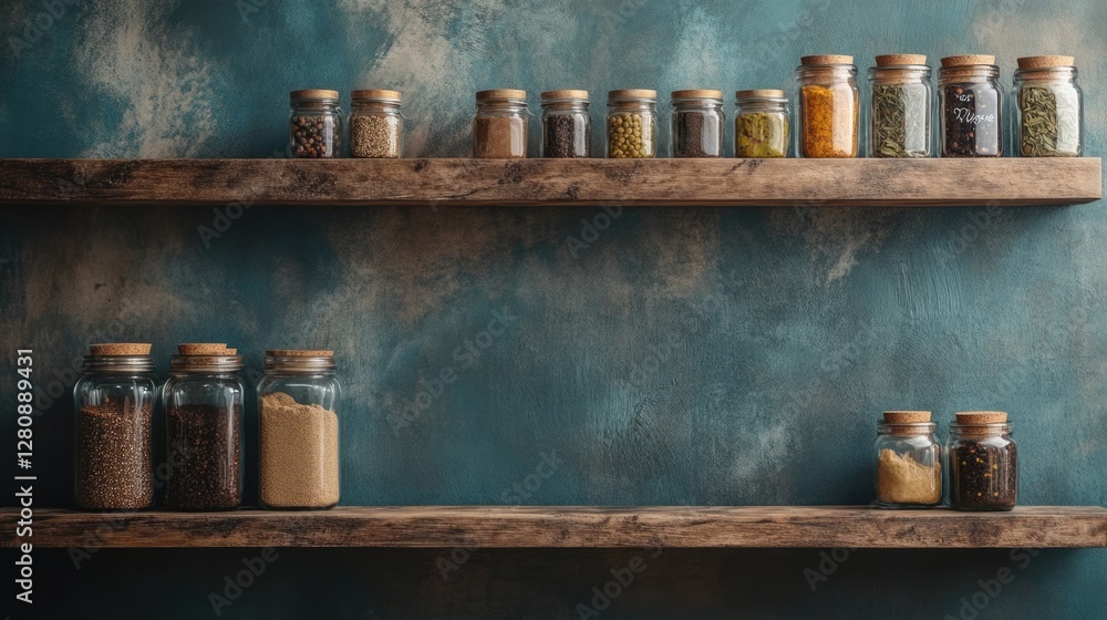 Spices and Grains in Glass Jars on Rustic Wooden Shelves Spices and Grains in Glass Jars on Rustic Wooden Shelves