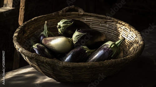  Whole Eggplants in a Woven Basket, Highlighting Glossy Skin Under Soft Directional Light