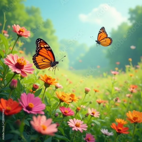 Butterflies flitting around a colorful patch of wildflowers, flower field, nature, sunny